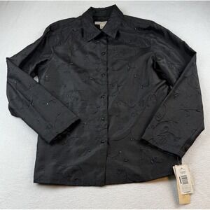 c.l.o.t.h.e.s Black Collared Long Sleeve Floral Beaded Sequin Button Up Size L
